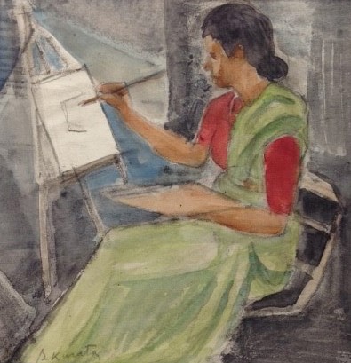 倉田三郎 スリランカ 絵を描く女 水彩、コンテ